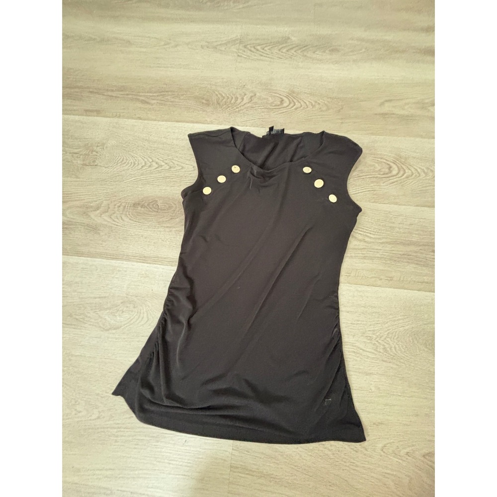Catherine Malandrino Black Sleeveless Top Gold Button Accent Ruched Side Small